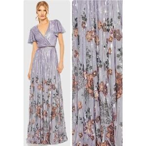 MAC DUGGAL Size 16 Lilac Short Flounce Sleeves Maxi V-Neck Gown A Line 5637 NWT